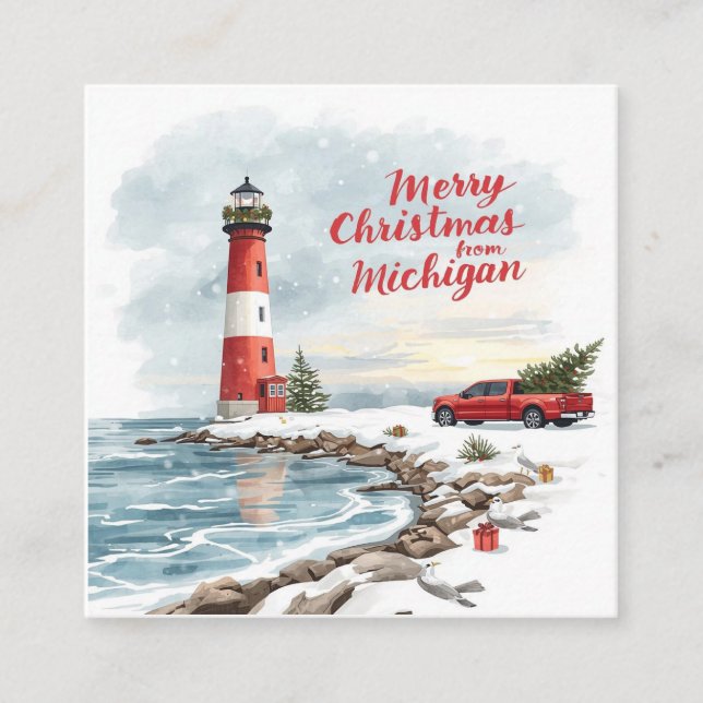 Carte De Visite Carré Merry Christmas from Michigan – Coastal Lighthouse (Devant)