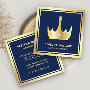 Carte De Visite Carré Métallurgique Luxueux Blue Faux Gold Foil Crown