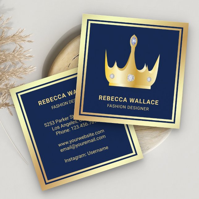 Carte De Visite Carré Métallurgique Luxueux Blue Faux Gold Foil Crown (Créateur téléchargé)