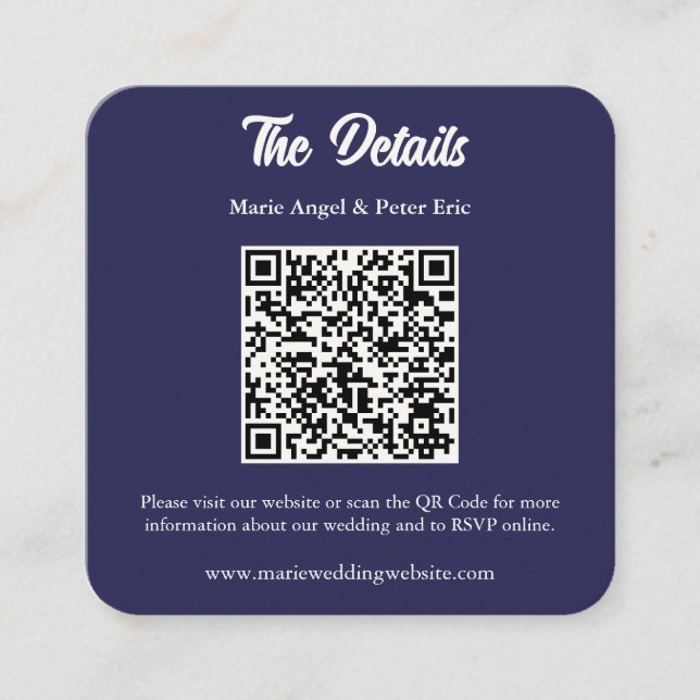 Carte De Visite Carré Midnight Navy Monogram QR Code Wedding Details  (Devant)