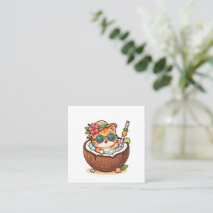 Carte De Visite Carré Mignon Kawaii Chat Cocotier Lunettes Été BSticker