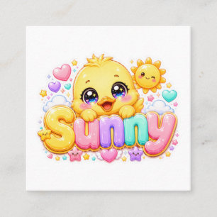 Carte De Visite Carré Mignon Kawaii Sunny Chick Nom Pastel Rose Pailleté