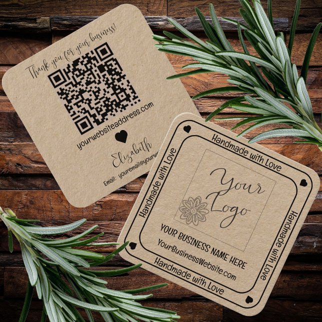 Carte De Visite Carré Mini-artisanal avec Love Business QR Code (Minimalist Handmade with Love Hearts Crafting Business QR Code Square Kraft Business Card)