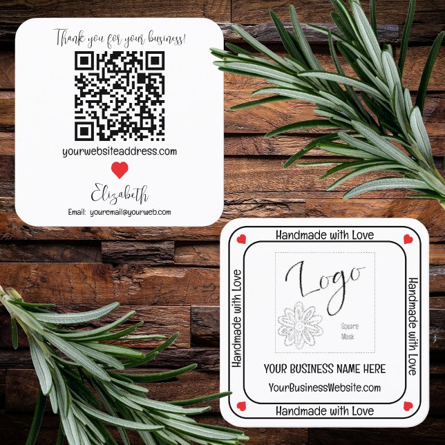 Carte De Visite Carré Mini-artisanal avec Love Business QR Code (Minimalist "Handmade With Love" Business QR Code Square Business Card - White)