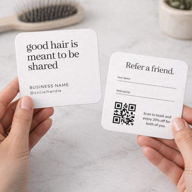 Carte De Visite Carré Minimalist Hair Salon Refer a Friend QR Code  (Créateur téléchargé)