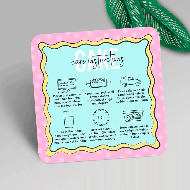 Carte De Visite Carré Mode d'emploi Pink Blue Cartoon Cake (Trendy cake care instructions cards in cartoon cake inspired design, featuring care icons)