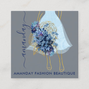 Carte De Visite Carré Mode or bleu robe logo QRCode Floral