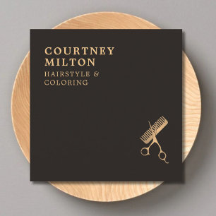 Carte De Visite Carré Modèle élégant moderne Faux foncé ciseaux or peign