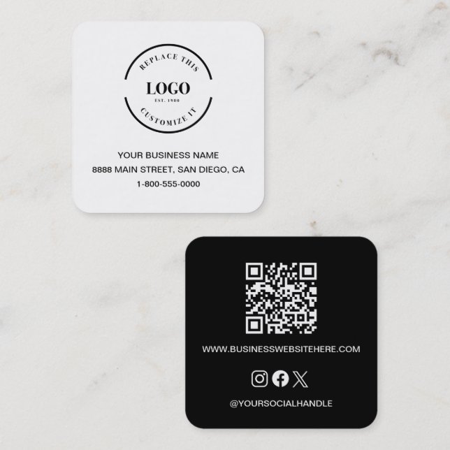 Carte De Visite Carré Modern Black White Business Branding QR code (Devant / Derrière)