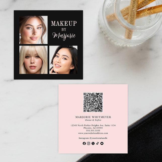 Carte De Visite Carré Modern Blush Pink Black Script 3 Photo Makeup (modern black blush pink script 3 photo makeup square business card elegant)