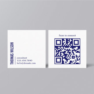 Carte De Visite Carré Modern Clean Bold Blue White Consultant QR code