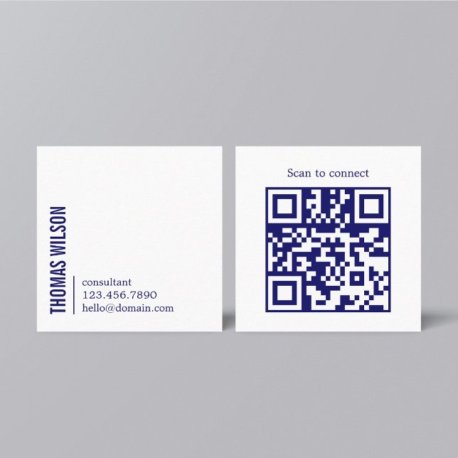 Carte De Visite Carré Modern Clean Bold Blue White Consultant QR code (Créateur téléchargé)