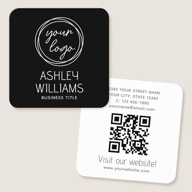 Carte De Visite Carré Modern Custom Company Logo QR Code Elegant Black (Créateur téléchargé)