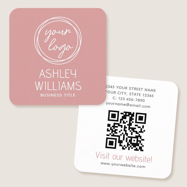 Carte De Visite Carré Modern Custom Company Logo QR Code Elegant Pink (Créateur téléchargé)