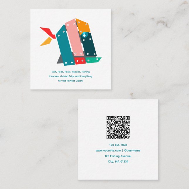 Carte De Visite Carré Modern Fishing Business Card with QR Code (Devant / Derrière)