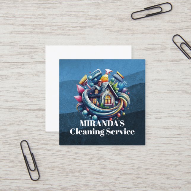Carte De Visite Carré Modern House Cleaning Maid Service Housekeeping (Devant/Arrière en situation)