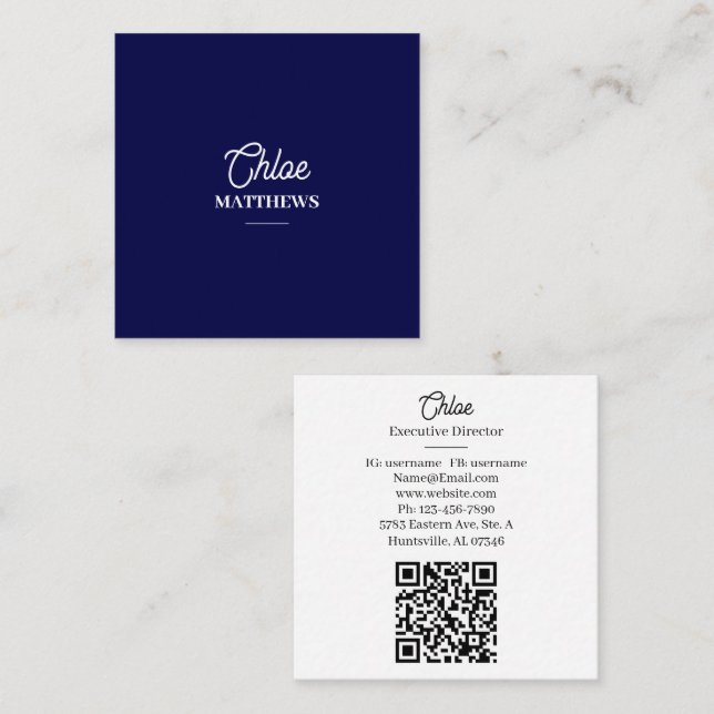Carte De Visite Carré Modern Navy Blue Business Card with QR Code (Devant / Derrière)