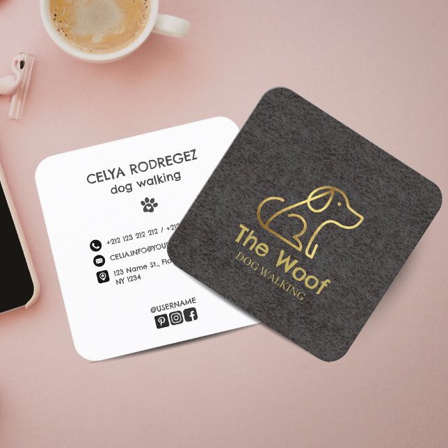 Carte De Visite Carré Modern & Professional Dog Walker Business Card (Professional Dog Walker Business Card with Modern Paw Print and Social Media Icons)