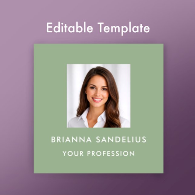 Carte De Visite Carré Modern Sage Green Photo Template Professional (Customize this photo business card template with your custom modern stylish script on sage green. 
)