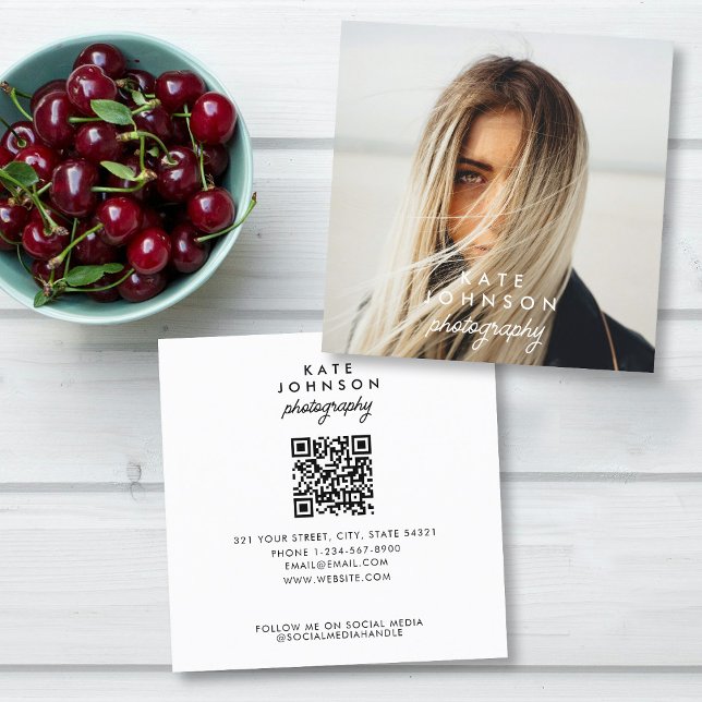 Carte De Visite Carré Modern Script Chic Full Photo QR Code Social Media (Modern Script Chic Full Photo QR Code Social Media Square Business Card)