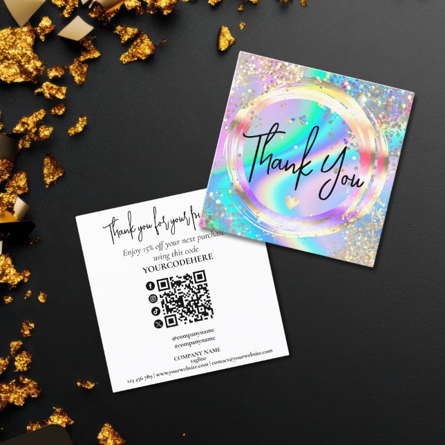 Carte De Visite Carré modern script holographic thank you for your order (holographic glitter thank you for your business card)