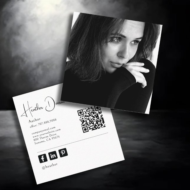 Carte De Visite Carré Modern Script Photo QR Code Author Writer (Créateur téléchargé)