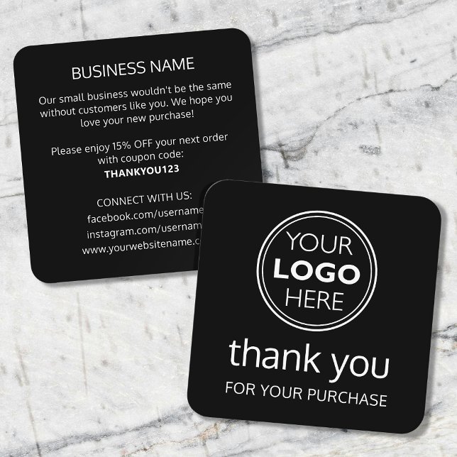 Carte De Visite Carré Modern Thank You Logo Small Business Black White (Créateur téléchargé)