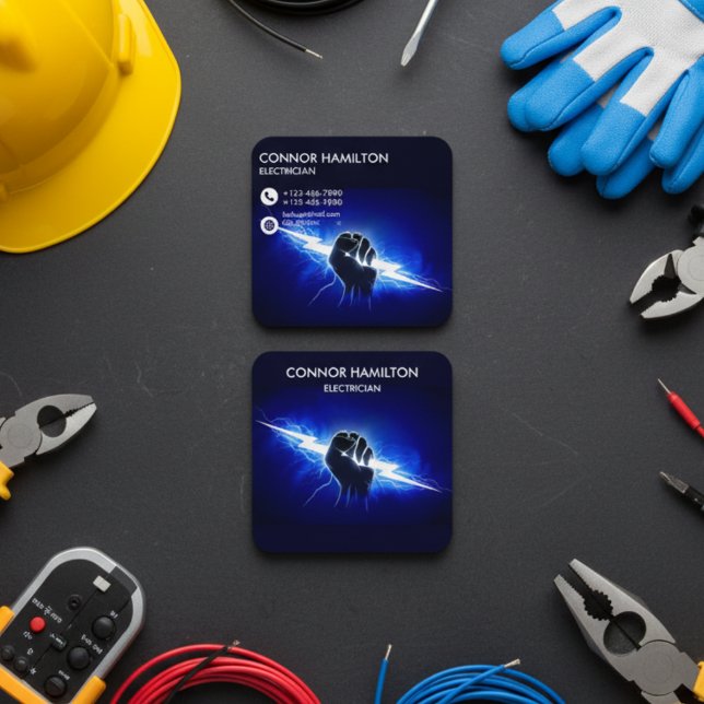 Carte De Visite Carré Modern Trendy Cool Blue Lightning Electrician Busi (Créateur téléchargé)