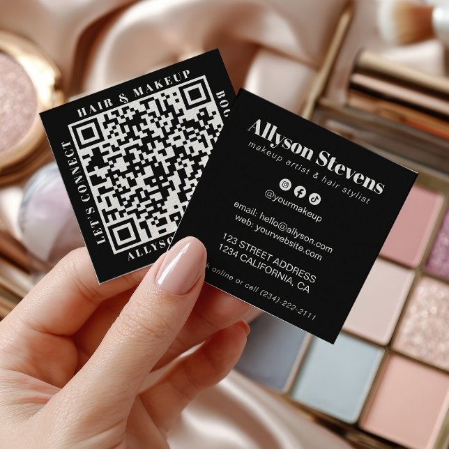 Carte De Visite Carré Modern White on Black Bold QR Code Hair & Makeup (Modern White on Black Bold QR Code Hair & Makeup Square Business Card)