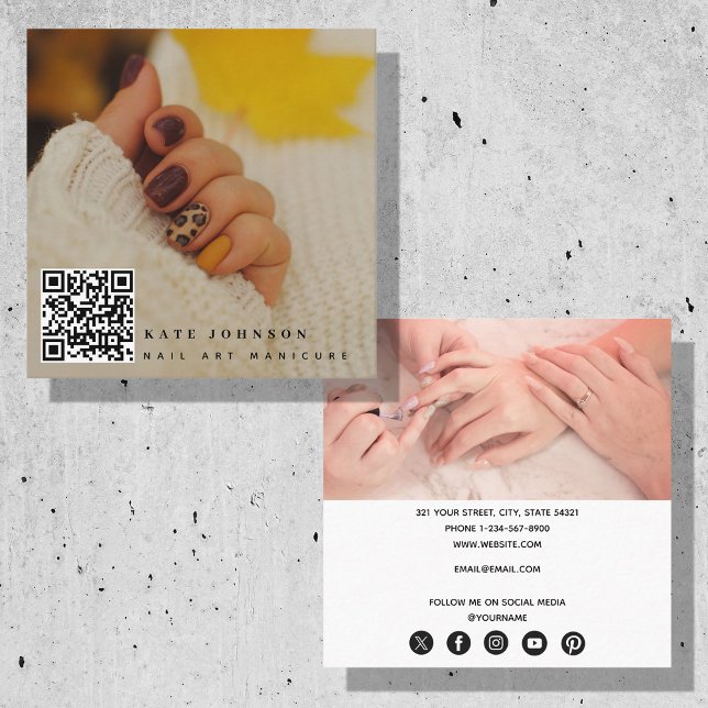 Carte De Visite Carré Moderne 2 ongles photo Art Manicure QR Code (Modern 2 Photo Nail Art Manicure QR Code Square Business Card)