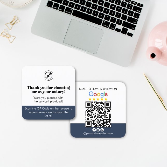 Carte De Visite Carré Moderne Bleu Google critique QR Code Merci Notaire (Créateur téléchargé)