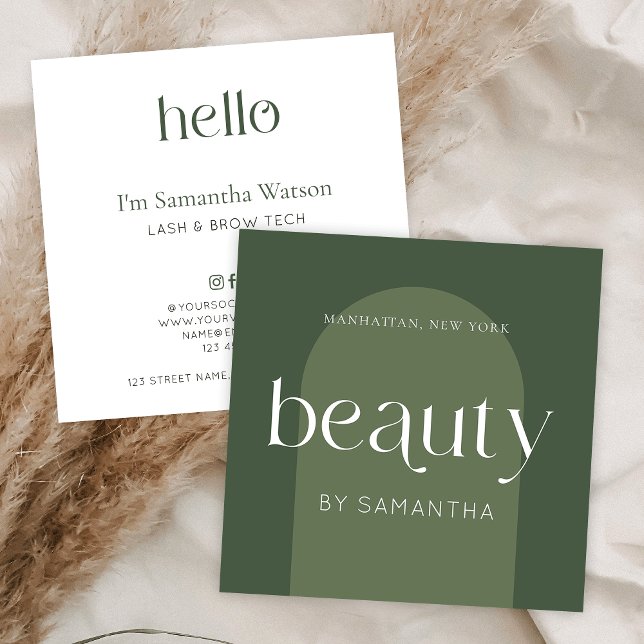 Carte De Visite Carré Moderne Boho Sage Green Lash Brows Belle (Modern beauty salon business cards in boho sage green aesthetic with trendy display fonts)