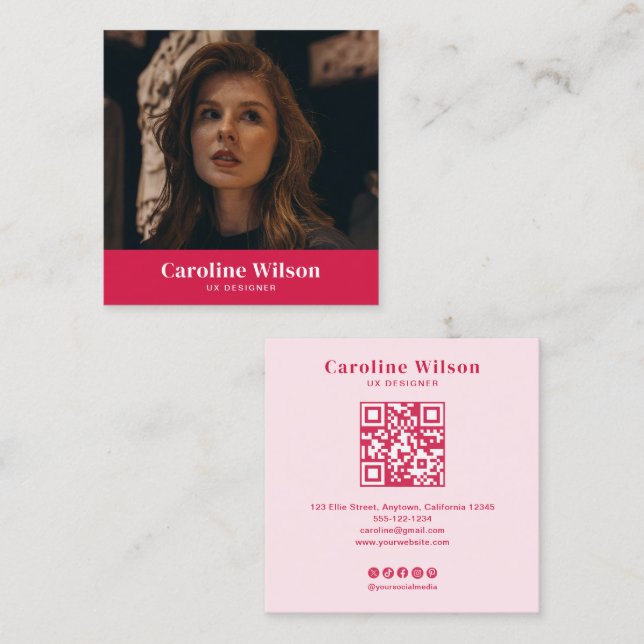 Carte De Visite Carré Moderne Chic Rouge QR Code Photo Girly (Devant / Derrière)