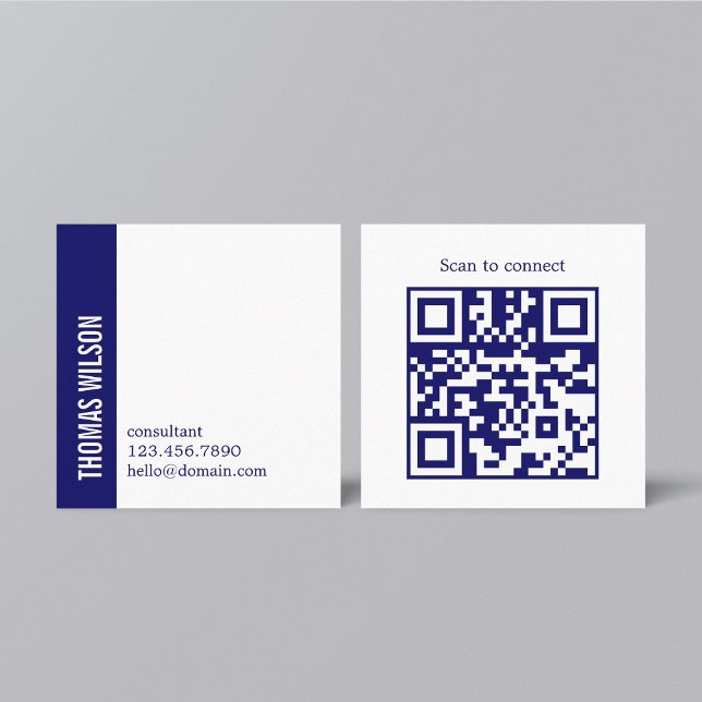 Carte De Visite Carré Moderne code QR blanc bleu gras Consultant (Créateur téléchargé)