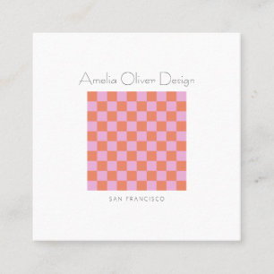 Carte De Visite Carré Moderne Damier Rose Orange Simple Personnalisé