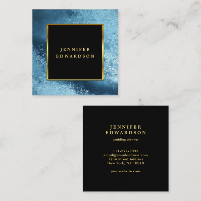 Carte De Visite Carré Moderne élégant professionnel noir or bleu glace (Devant / Derrière)
