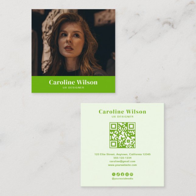Carte De Visite Carré Moderne Gras Lime Vert Professionnel QR Code Photo (Devant / Derrière)