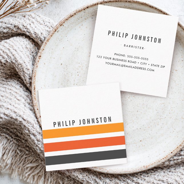 Carte De Visite Carré Moderne gris et orange rayé blanc (Modern masculine gray and orange stripes white square business card)