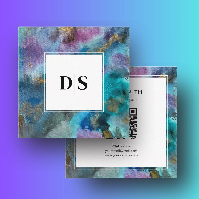 Carte De Visite Carré Moderne Initial QRCode BleuSarcelle Aquarelle Abst (Modern Initial QR Code Blue Teal Watercolor Abstract Square Business Card)