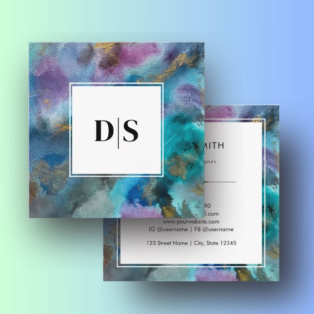 Carte De Visite Carré Moderne initiale bordure aquarelle abstraite bleu (Modern Initial Border Blue Watercolor Abstract Square Business Card)