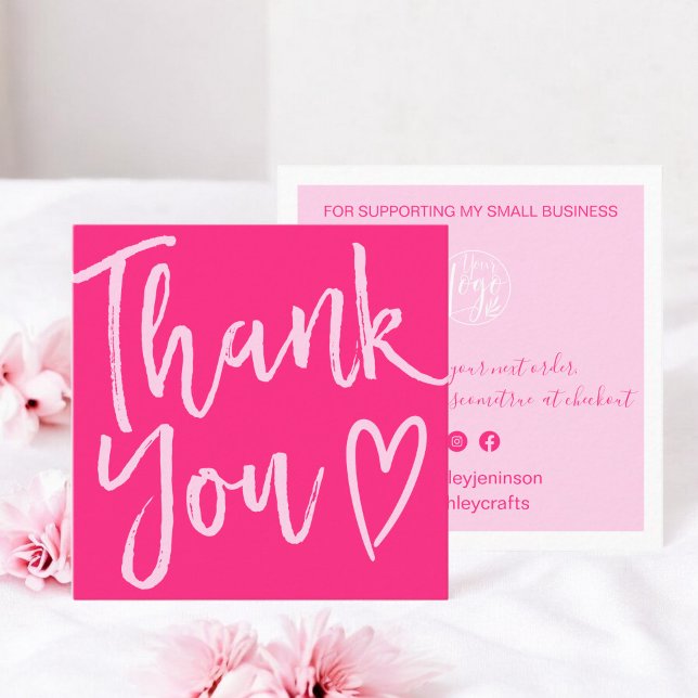Carte De Visite Carré Moderne merci script commander un néon rose minima (Modern thank you script order minimal neon pink square )