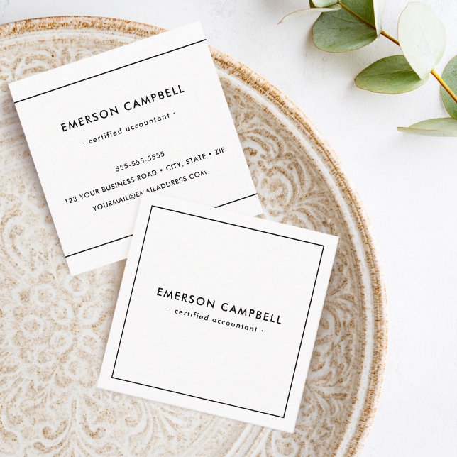 Carte De Visite Carré Moderne mince bordure noire blanche (Modern minimal thin black border white square business card)
