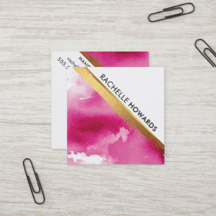 Carte De Visite Carré MODERNE MINIMAL ANGLE rose aquarelle or brosse