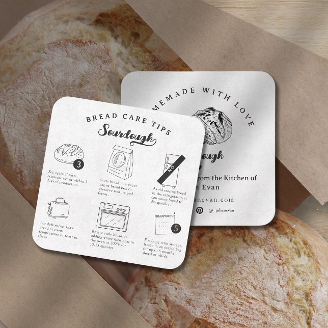 Carte De Visite Carré Moderne Simple Fait Maison Sourdough Soins du Pain (Modern Simple Homemade Sourdough Bread Care Tips Square Business Card)
