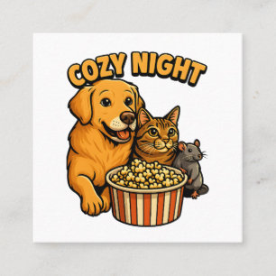 Carte De Visite Carré Moment de film cosy – Chien, chat, souris et popco