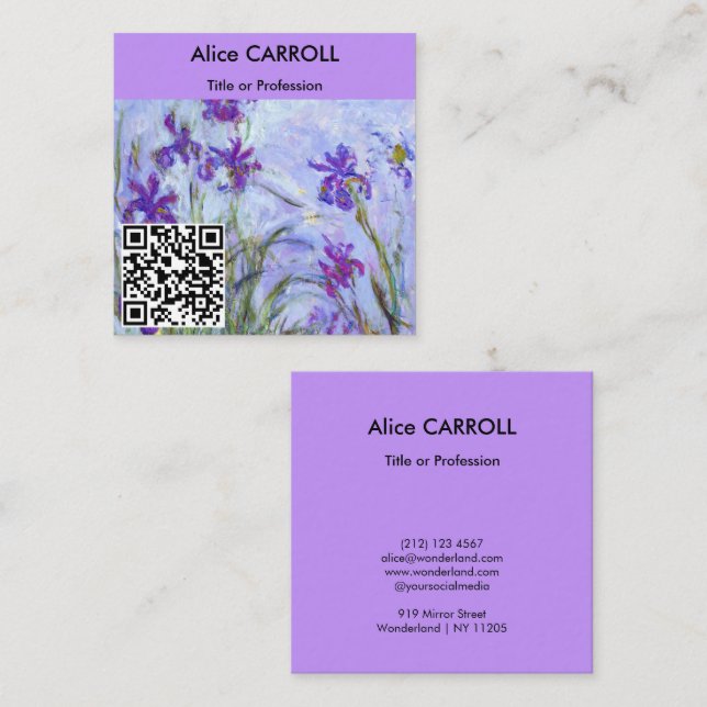 Carte De Visite Carré Monet - Lilac Irises / Iris Mauves - Code QR (Devant / Derrière)