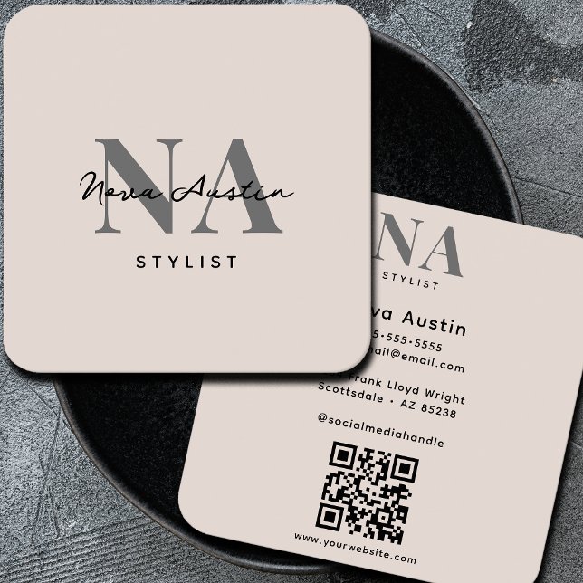 Carte De Visite Carré Monogram Luxe Tendance Aesthétique Blush Pink QR C (Créateur téléchargé)