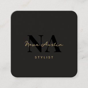Carte De Visite Carré Monogram Luxe Tendance Aesthétique Or Black QR Cod