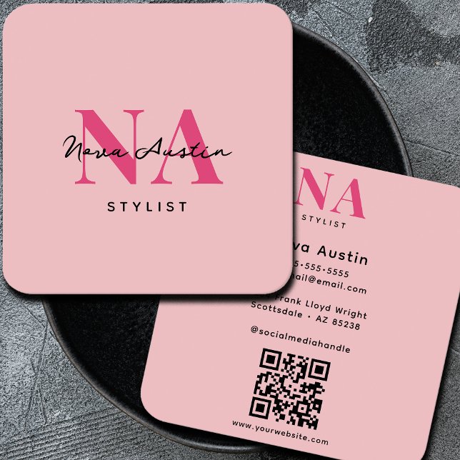 Carte De Visite Carré Monogram Luxe Tendance esthétique Hot Pink QR Code (Créateur téléchargé)