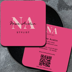 Carte De Visite Carré Monogram Luxe Tendance esthétique Hot Pink QR Code